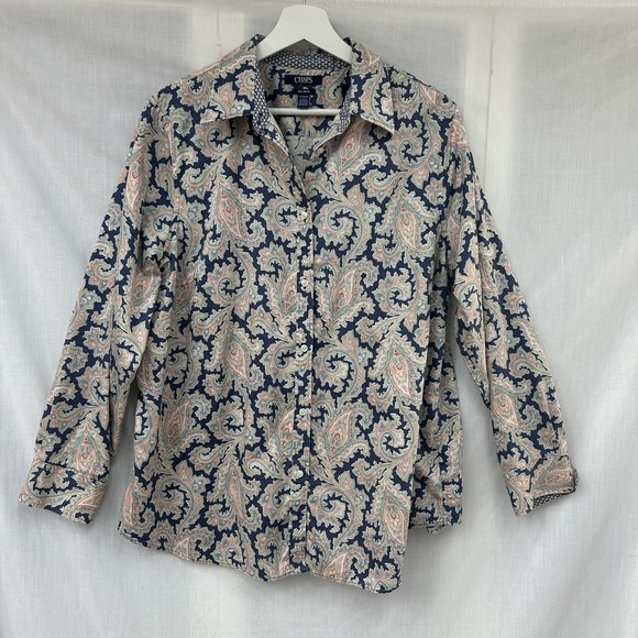 Chaps Tops - Chaps No Iron Button Front Shirt SZ 1X Blue Pink Paisley Cotton Long Sleeve Top
